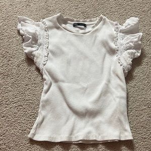 Zara Ribbed White Top with Ruffled Sleeves
